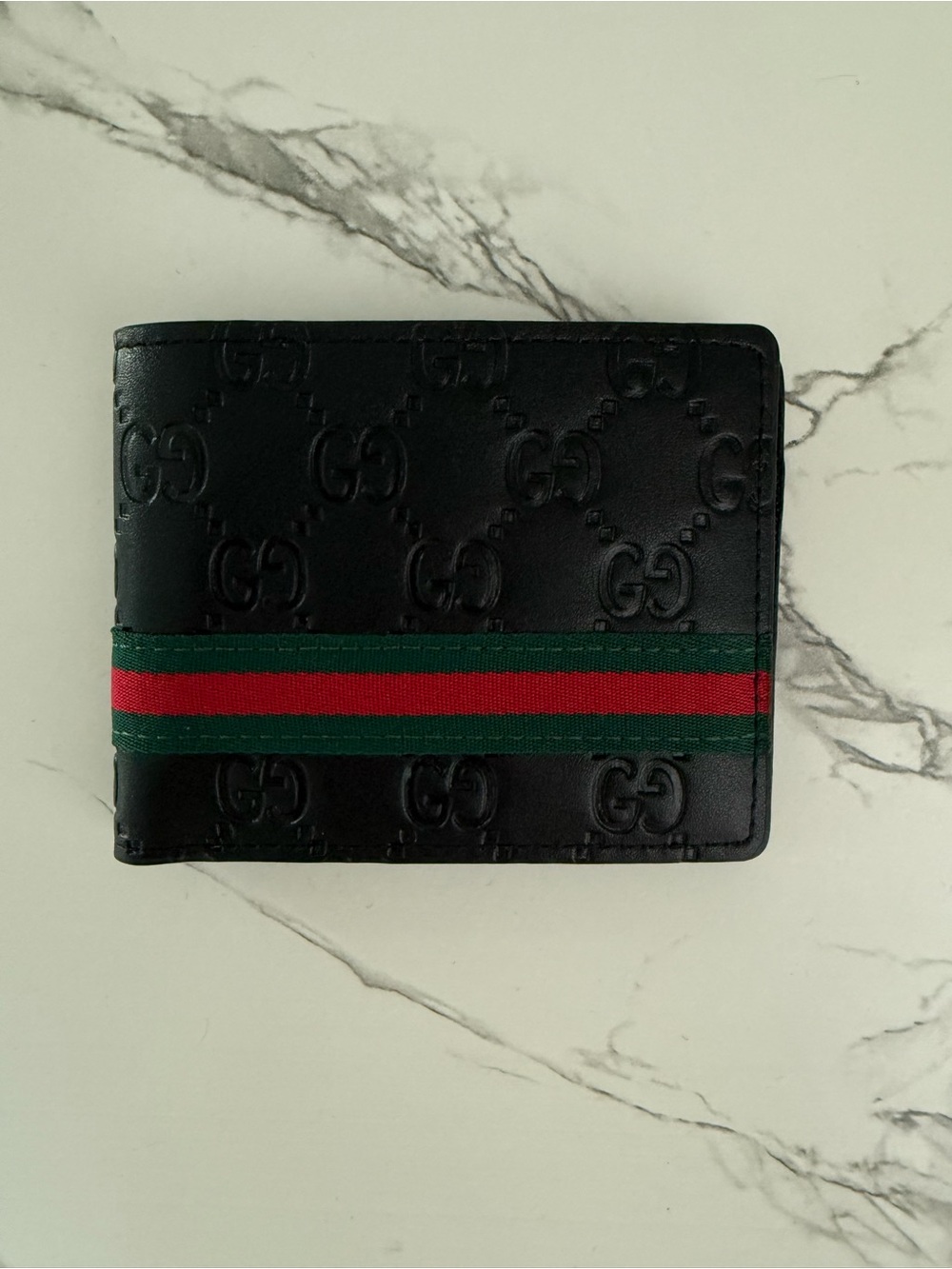 Black Leather Bi-Fold Wallet with Green and Red Stripe